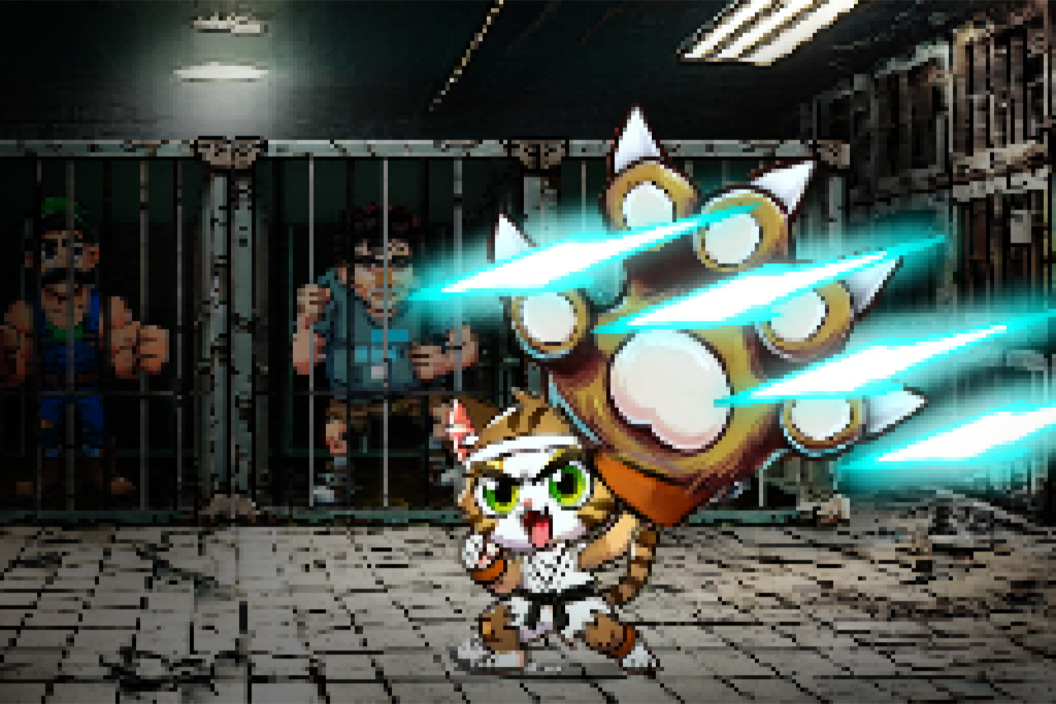 A pixel-art cat fighter with an oversized spiked gauntlet and bright turquoise energy slashes