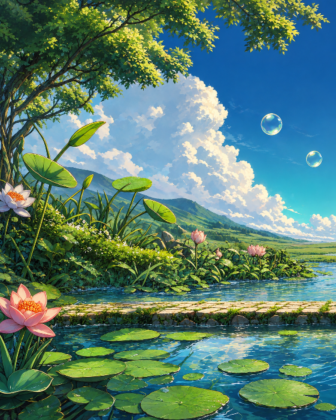 Lily pads and lotus flowers on a sunlit pond beneath a leafy canopy and blue sky
